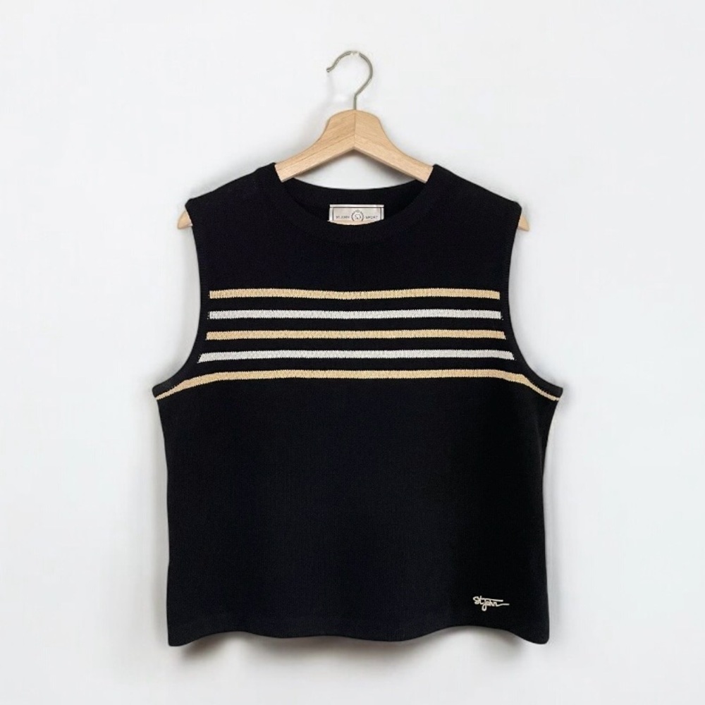 St. John Sport Marie Grey Vintage Santana Knit Striped Shell Top Black Large